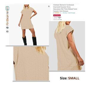Women's Turtleneck Oversized Sweater Dress Sleeveless Mid Thick Ribbed - Apricot